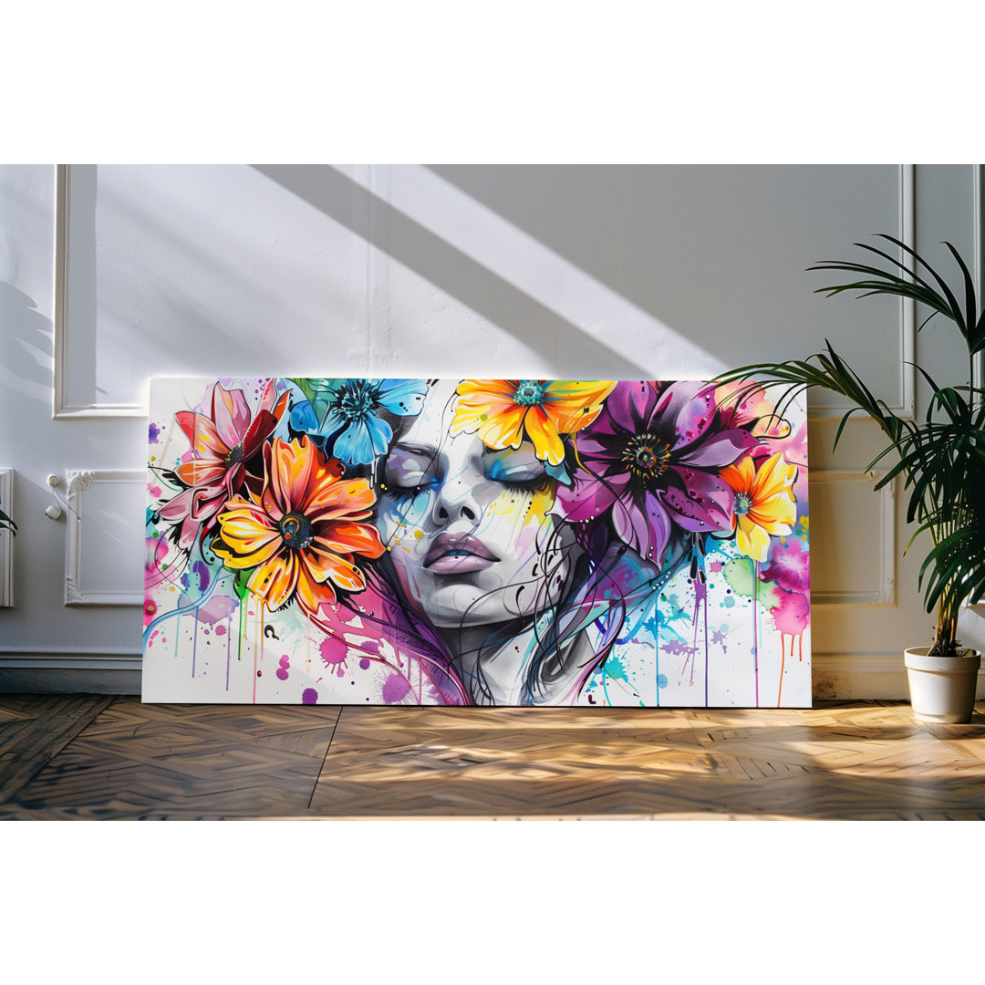 Wandbild 120x60cm Porträt einer jungen Frau Bunt Farbenfroh Blumen Blüten