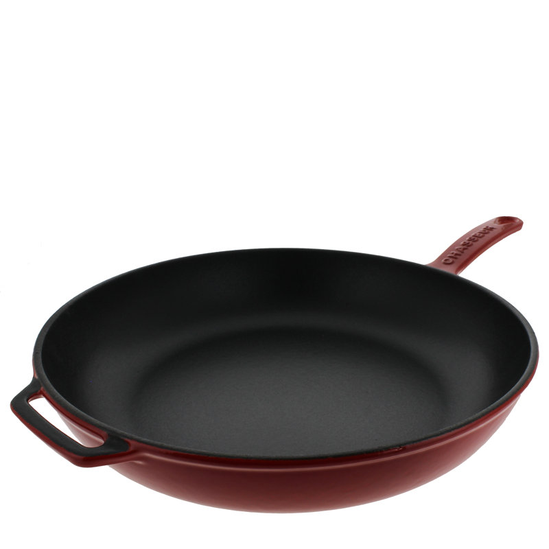 Red Enameled Cast Iron Frying Pan with Glass Lid