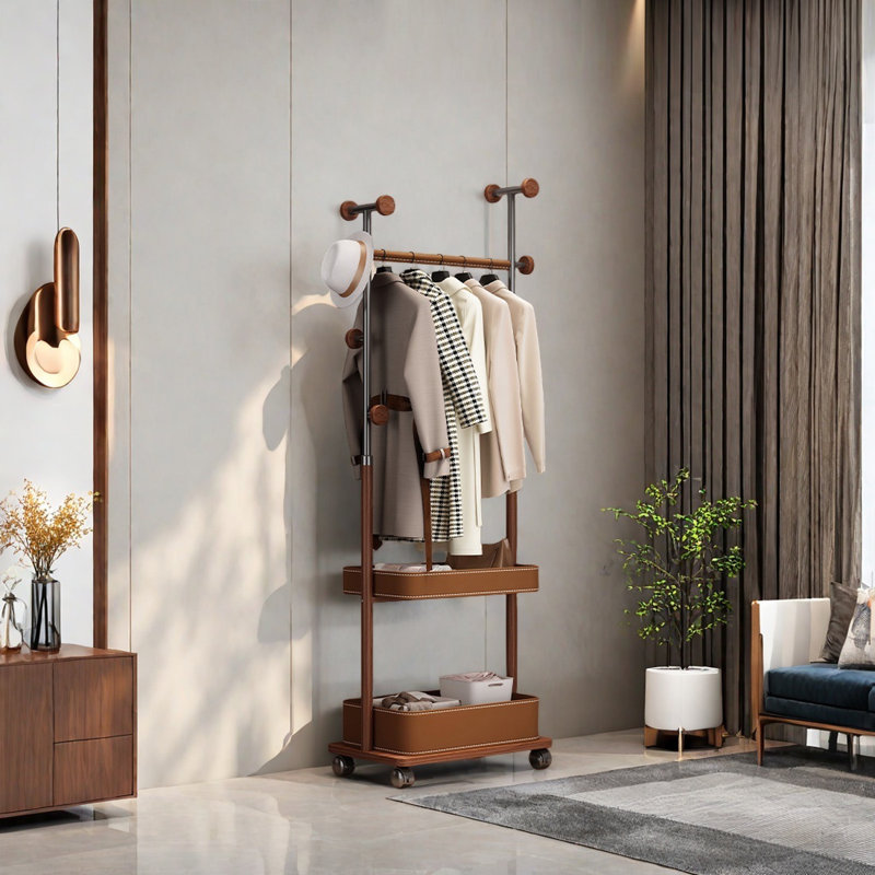 Ash Wood Coat Rack with Storage & Wheels, Dark Brown
