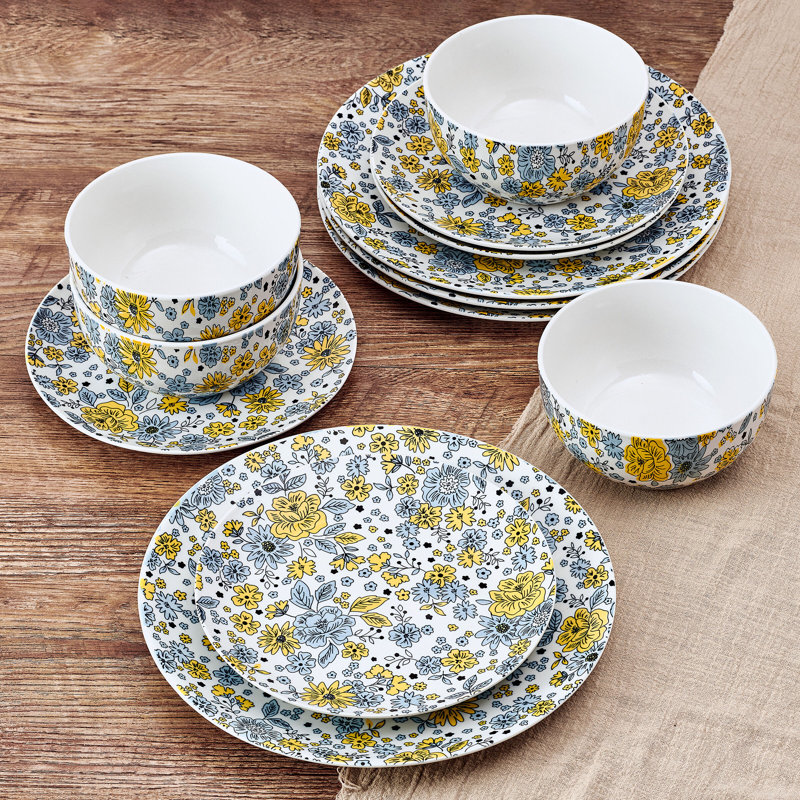 Pfaltzgraff Vibrant Garden 12-Piece Dinnerware Set, Service For 4, Floral 2, Blue/Yellow