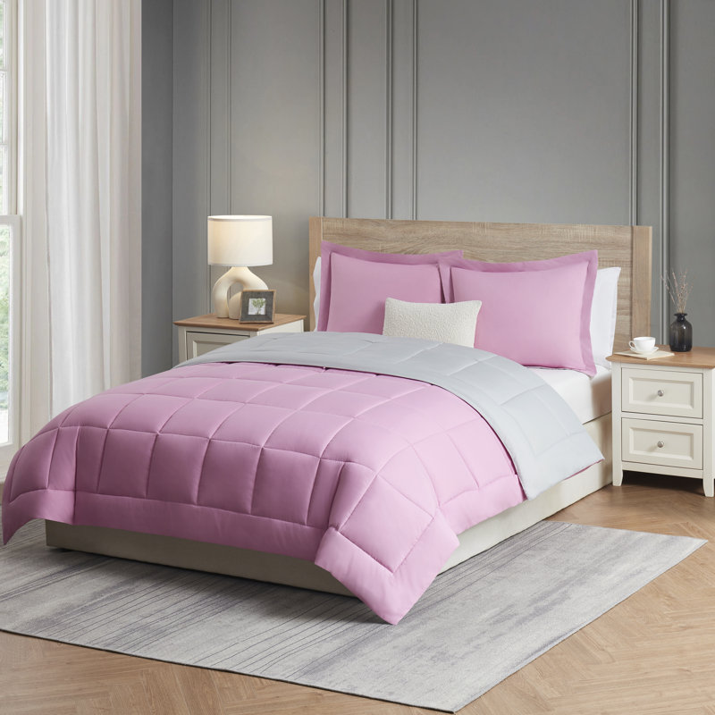 Nestl All Season Solid Lightweight Down Alternative Reversible Comforter, Full Comforter + 2 Standard Shams, Pink/Gray