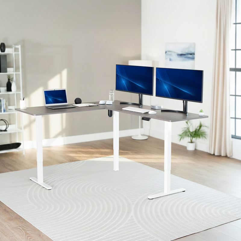 Bureau de coin électrique debout VIVO, poste de travail en L, Gris / blanc, L 74,8 po x P 23,6 po