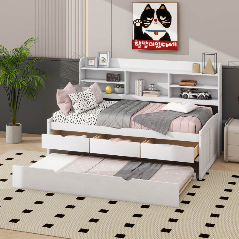 Wooden Captain Bed With Built-In Bookshelves,Three Storage Drawers And Trundle, Twin, White