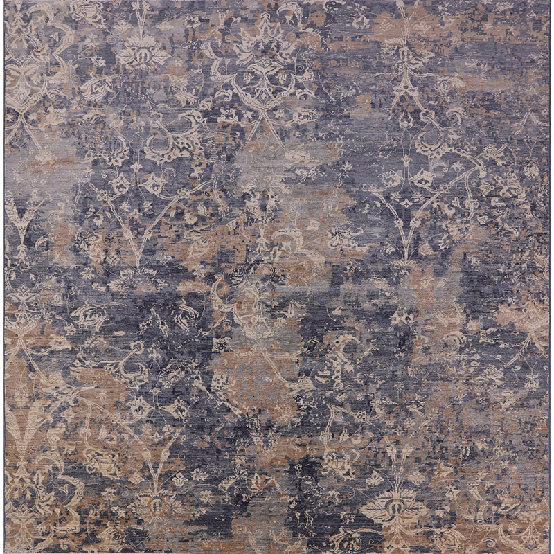 Tapis brun / gris à motif floral Graton, Carré 8 pi