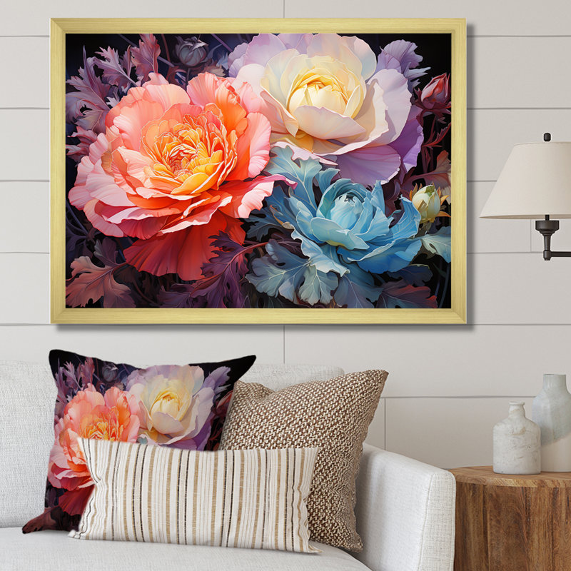 «Peony Petals Elegance I», reproduction sur toile, Cadre doré simple, H 34 po x l 44 po x P 1,5 po