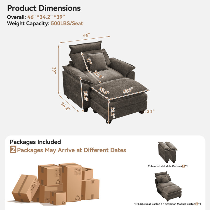 Fauteuil surdimensionné en chenille avec repose-pieds 46 po Kingsbridge, Brun