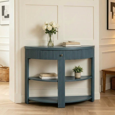 Console en demi-lune – Table d'entrée incurvée en forme de demi-lune avec tiroir et 2 étagères, meuble de rangement moderne pour salon, couloir, espaces étroits