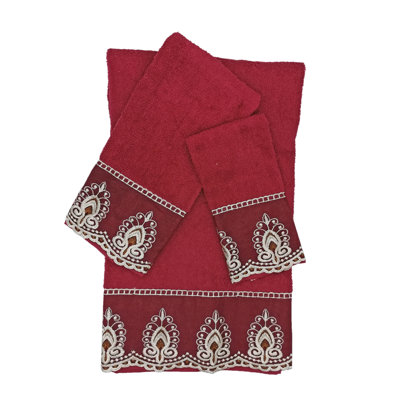 Carli Home Decor Premium Luxury Ultra Soft 100% Cotton Sheer Embroidered Kitchen Bathroom Modern 3 Piece Lace Towel Set, Burgundy Color