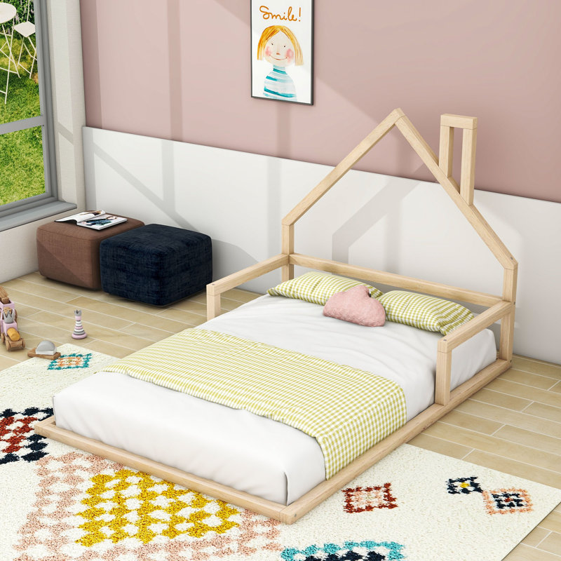 Wood Floor Bed With Headboard And Sturdy Slats, Natural, Full