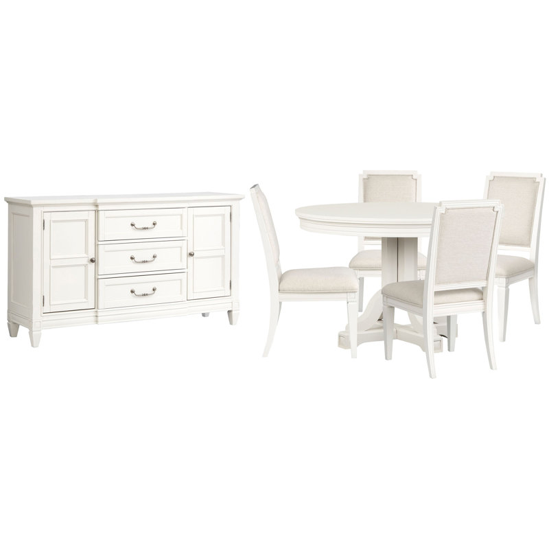 Extendable 48" Round Dining Table With 4 Upholstered Side Chairs And Buffet, 6 Pieces: Table, 4 Chairs, Sideboard