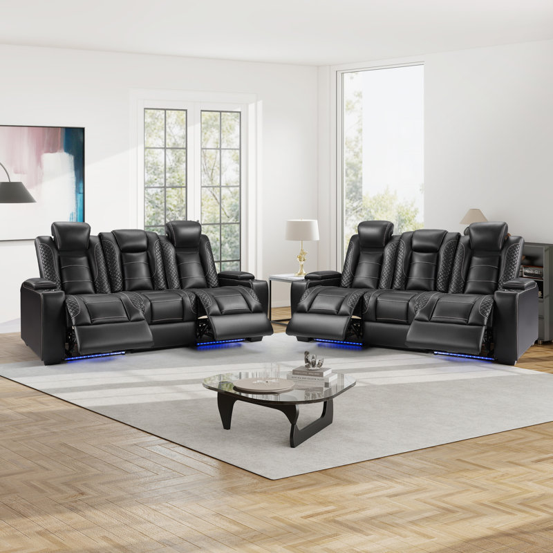 Ensemble de canapé inclinable électrique moderne en similicuir avec éclairage à DEL, porte-gobelets et console de rangement