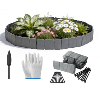 Bordure de jardin en plastique non creusant avec bordure de jardin en faux pavé avec des piques et des gants de pelle flexibles pour un lit de fleurs