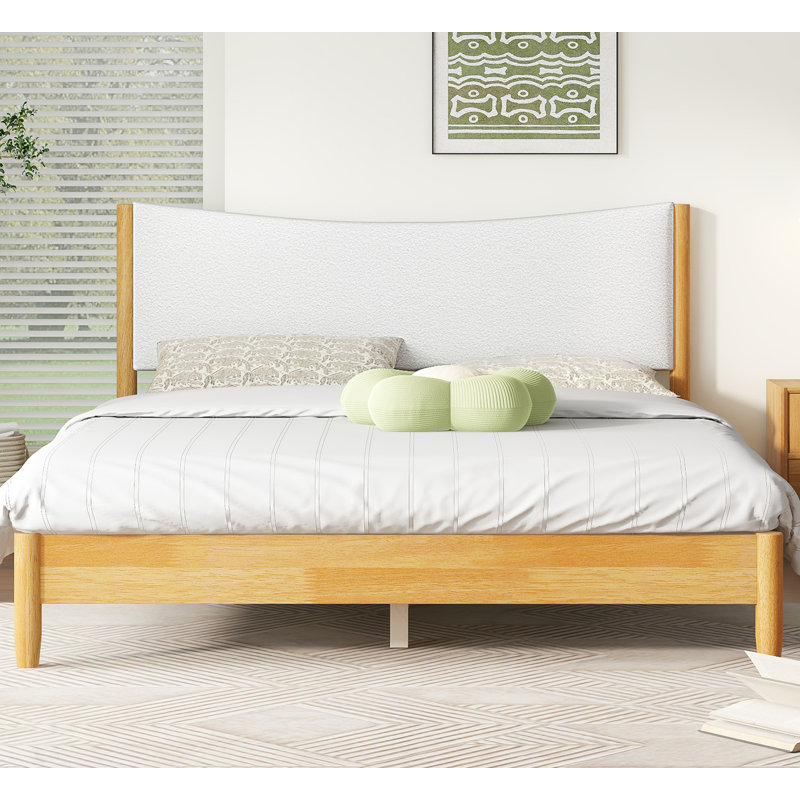 Grand lit en bois d'hévéa massif avec tête de lit et pieds de soutien rembourrés Boucle, blanc hêtre