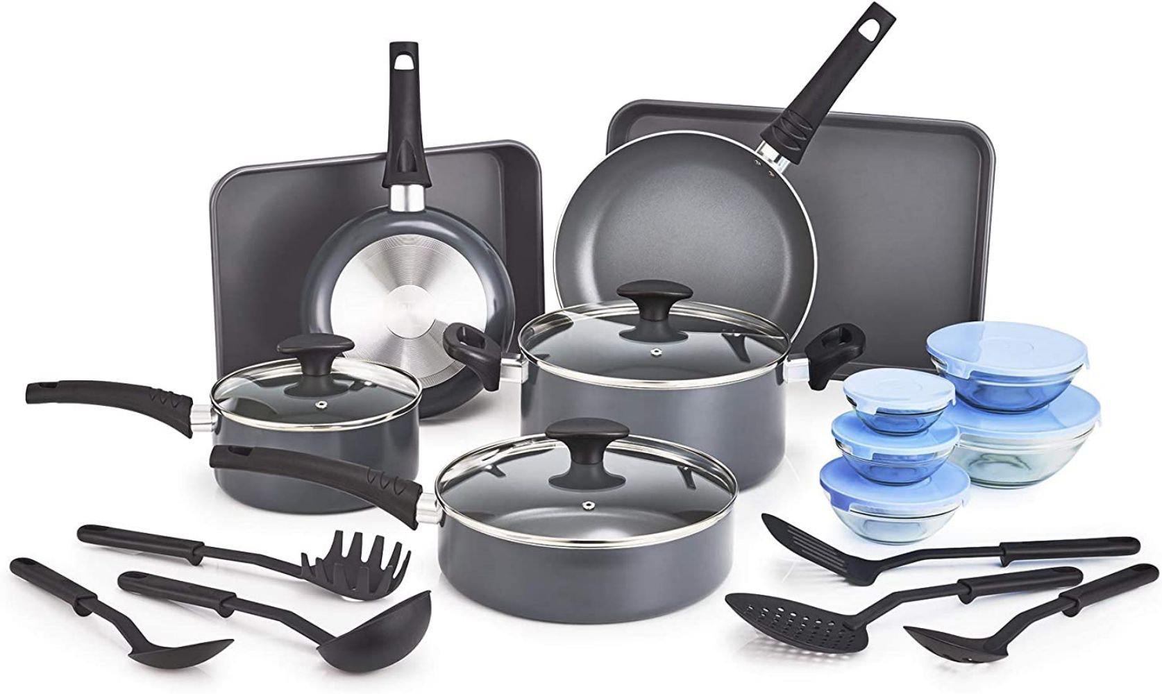 Basics Non-Stick Cookware Set, Pots, Pans and Utensils - 15-Piece  Set & 18-Piece Kitchen Dinnerware Set, Dishes, Bowls, Service for 6, White