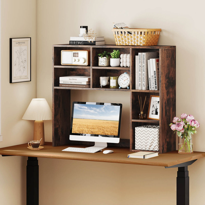 Desktop Bookshelf Desk Storage Hutch With 7 Open Cubbies & 3 Adjustable Shelves, Brown