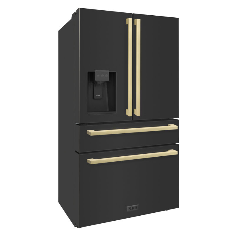 36" Autograph Edition 21.6 Cu. Ft 4-Door French Door Refrigerator with Water and Ice Dispenser in Black Stainless Steel with Champagne Bronze Square Handles