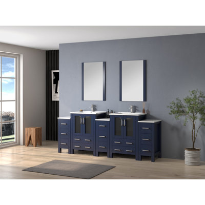 Meuble-lavabo double l 84 po x P 18,25 po avec armoires latérales, dessus en céramique blanche et miroirs 22 po Volez