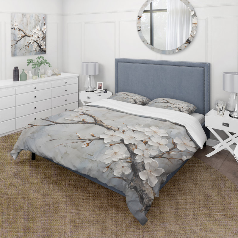 Minimalism White And Grey Cherry Blossom - Cherry Blossom Duvet Cover Set, King Duvet Cover + 2 King Shams