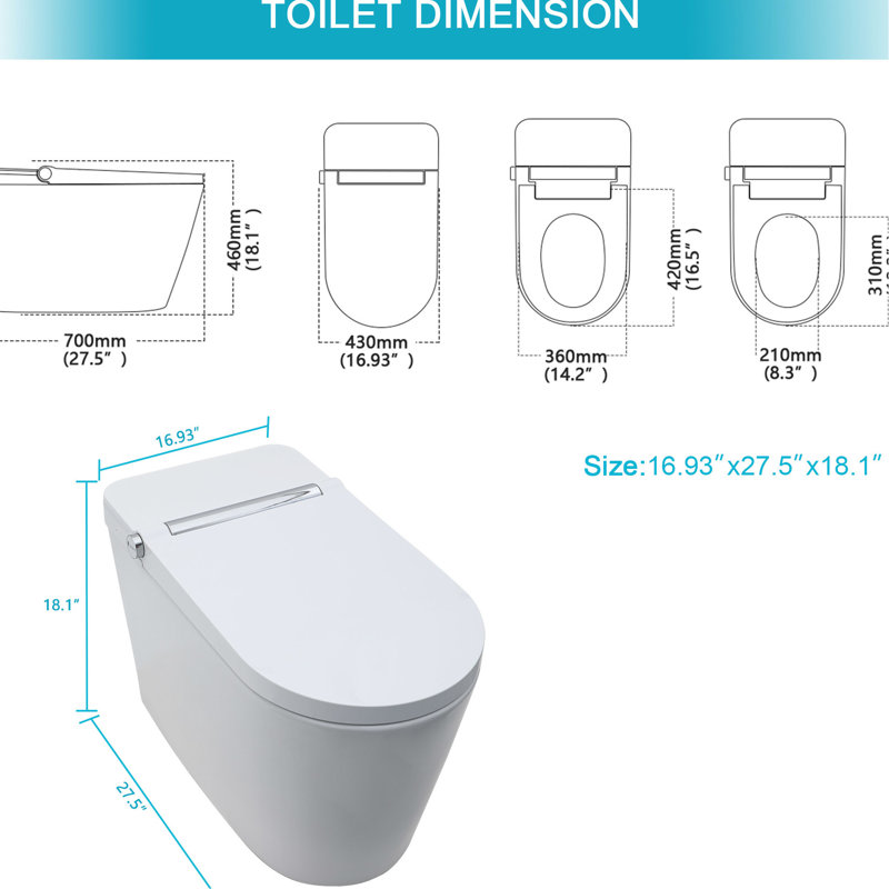 Toilette Smart Bidet - Ouverture et fermeture automatiques, siège chauffant, capteur de pieds à chasse d'eau, lavage à l'eau chaude, sécheuse, écran à DEL, nuit, affichage, chasse d'eau