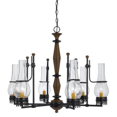 Metal Wood 30"H 6 Light Trenton Chandelier With Clear Glass Shades E12 60W 6 Foot Chain