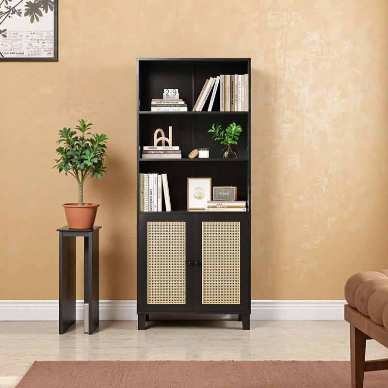 5-Shelf Bookcase with Rattan Doors / 7 Tier Storage Wood Shelves Large Bookshelf – Farmhouse & Coastal Style, Black