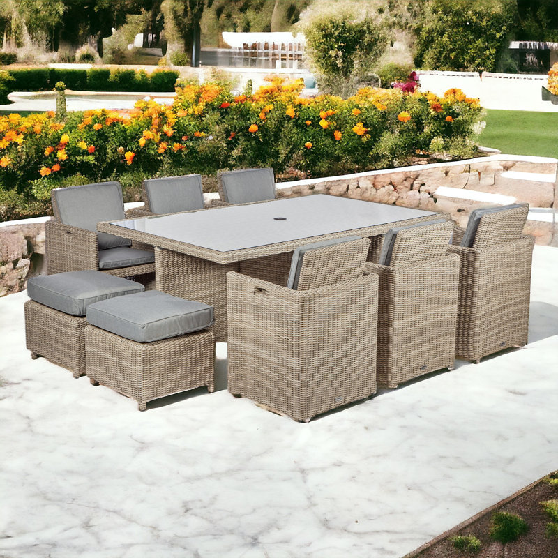 WENTWORTH 10 Seater Cube Set (1 x 195cm x 125cm Table with Parasol Hole, 6 x Cube Chairs with Folding Backrest & 4 x Integral Stools inc Cushions