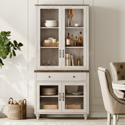 Scarlett Sideboard Cabinet With Glass Doors & Drawer, Buffet Cabinet With Storage, Rustic White, 34''