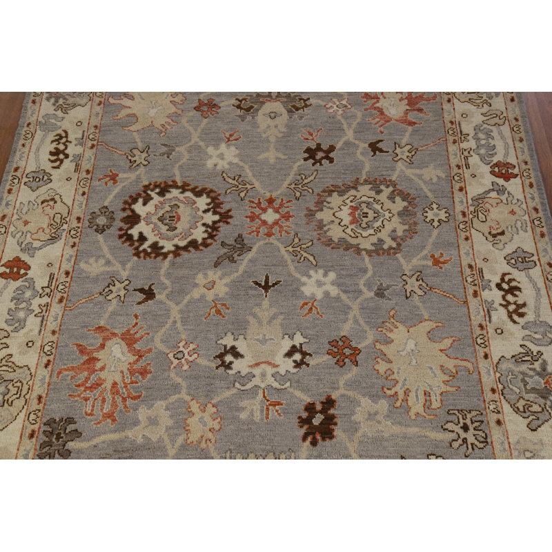 Tapis gris en laine à motif floral Oushak 6 x 9