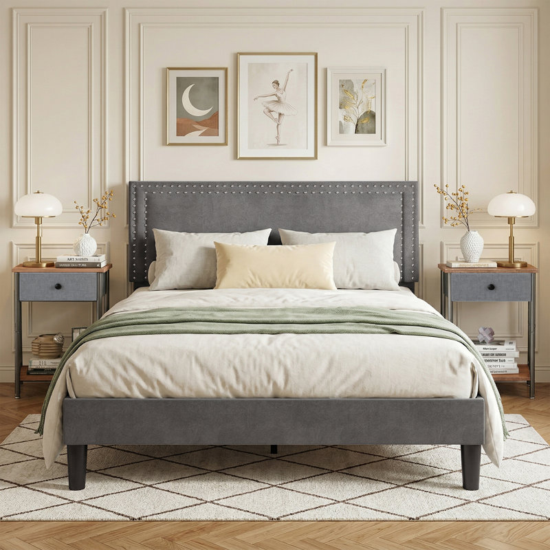 Ensemble de chambre en velours capitonné avec lit et 2 tables de chevet, aucun lit plateforme tapissier requis, Gris / gris