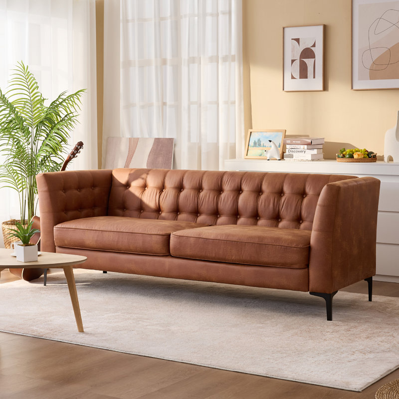 85.65” Tufted Chesterfield Faux Leather Sofa With Solid Wood Frame, Camel