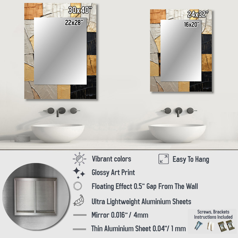 Black Gold Adorned Poteries II - Abstract Spirals Mirror, Modern Unique Wall Mirror, Printed Metal Art, 32" x 24"