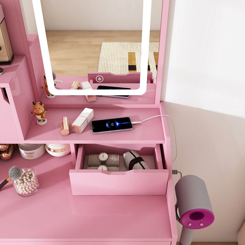 Miroir de coiffeuse 3 couleurs à DEL avec tabouret, coiffeuse rose pour la chambre à coucher, 2 tiroirs et 5 armoires de rangement (4 ouvertes + 1 cachée), éclairage réglable (rose)