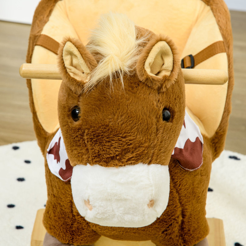 Qaba Baby Rocking Horse, Riding Horse, Plush Animal Rocker with Realistic Sound, Pedals for Ages 18-36 Months, Brown,wood