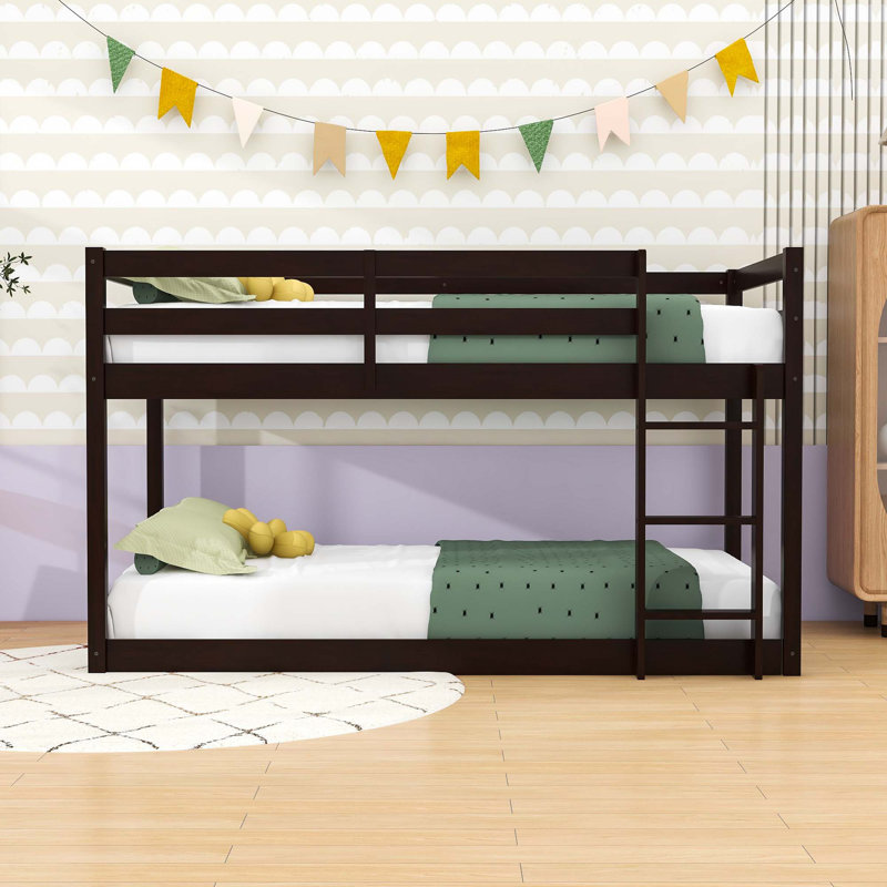 Twin Over Twin Wooden Floor Bunk Bed With Ladder And Guardrails, Espresso