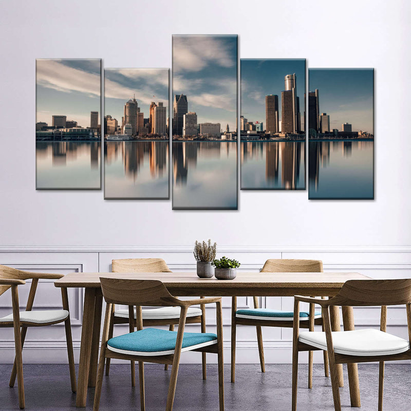 Detroit Skyline Reflection - Ensemble de 5 toiles tendues, H 37 po x l 74 po x P 1,25 po