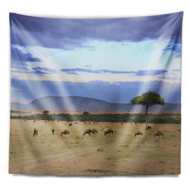 Tapisserie wildebeest du troupeau de l’afrique du masai mara, H 78 po x l 92 po