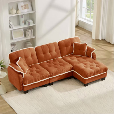 Canapé en forme de L en chenille avec 4 coussins, repose-pieds mobile et garniture capitonnée matelassée de conception ergonomique, canapé à assise profonde facile à assembler pour le salon, le bureau, un appartement, vert