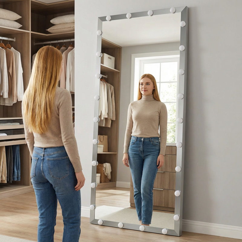 Full-Length Mirror With Light, Extra-Large Size. Full-Length Dressing Mirror. Floor-Standing Large Mirror With Light. Suitable For Dressing Rooms, Bedrooms, And Hotels. Touch-Sensitive Operation. Silver Finish.