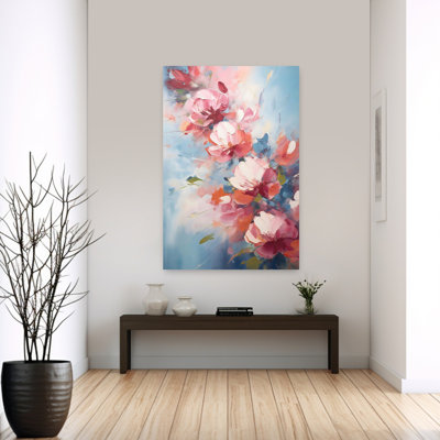 Art floral abstrait floral rouge et rose sur fond bleu