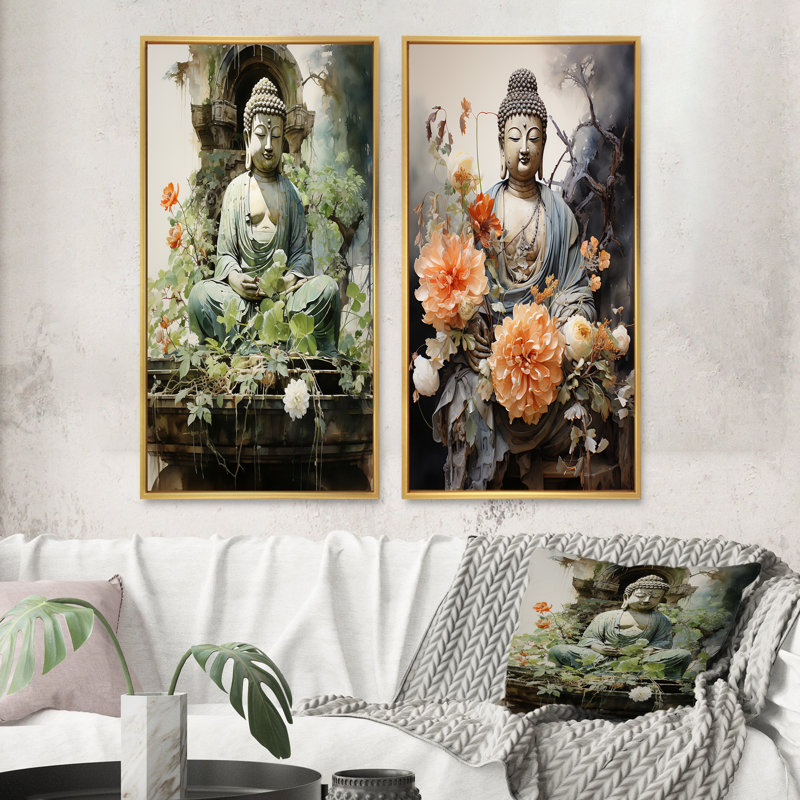 «Green Buddhist Art Buddhas Serene», 2 pièces sur toile, Encadrement doré, H 40 po x l 40 po