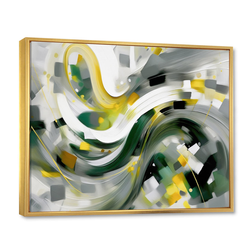 «Yellow and Green Abstracted Perspectives I» sur toile, H 34 po x l 44 po x P 1,5 po, Cadre flottant doré