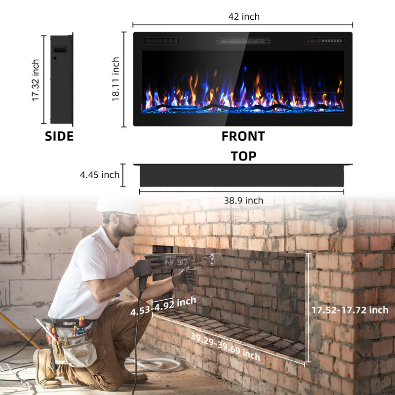 Recessed or Wall Mounted Electric Fireplace, Logs & Crystals, Remote Control,Remote Control, Timer, Dimmer, 12 Flame Colors, 750/1500W, Narrow Bezel