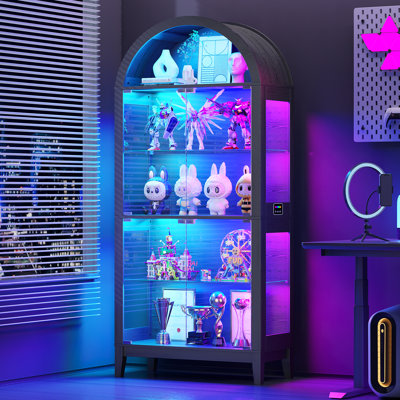 175cm H x 75cm W Modern Arched Glass Bookcase with RGB LED Lighting & Removable Shelves