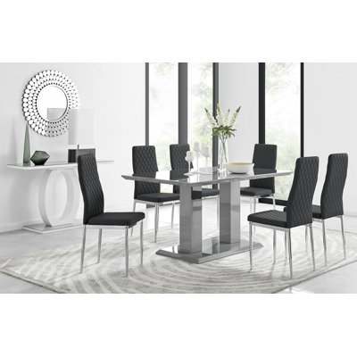 Edzard Double Pedestal High Gloss Dining Table Set with 6 Luxury Faux Leather Dining Chairs