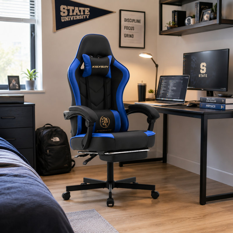 Adjustable Reclining Ergonomic Faux Leather Swiveling PC & Racing Game Chair, Blue