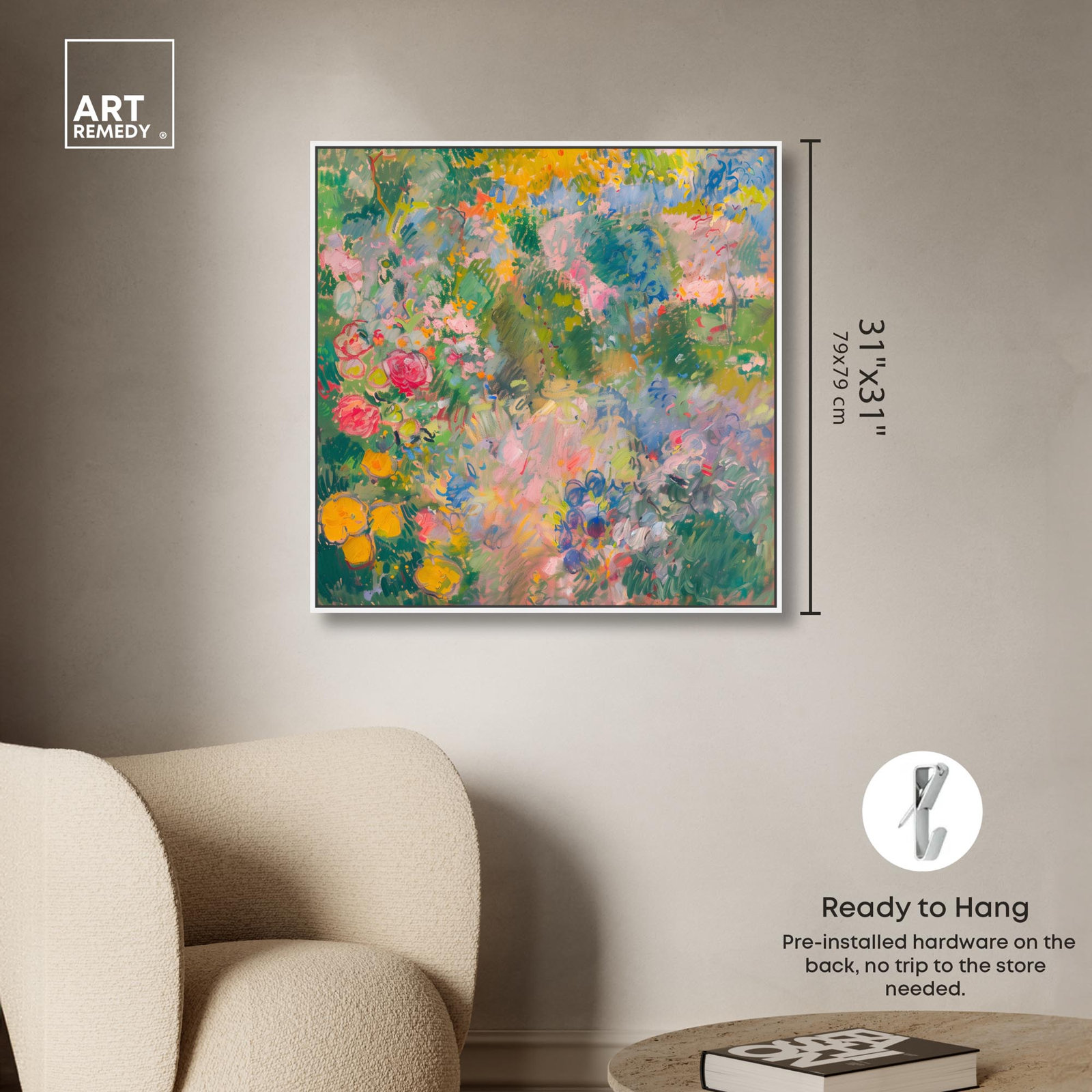 Hues of Happiness I Canvas Vintage Floral Art by Art Remedy, 31" H x 31" W, White Floater Framed