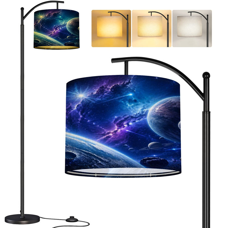  Arc Floor Lamp Galactic Nebula Cosmic Planets Bright Stars Vibrant Purple Blue Tall Modern Standing Lamp LED Adjustable Linen Lampshade 3 Color Temperatures