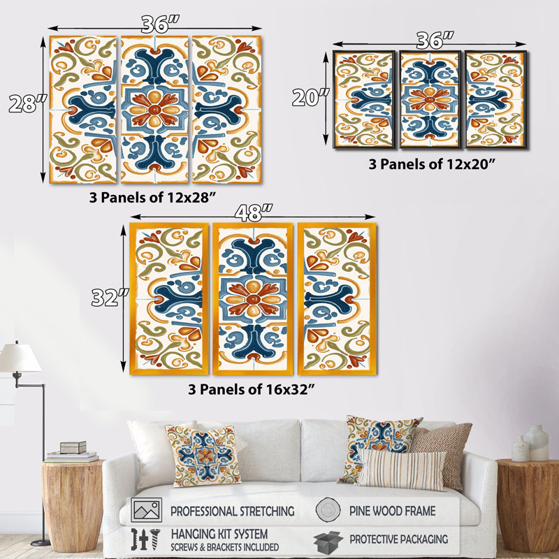 «Méditerranée Tiles in Retro Blue II», reproduction sur toile 3 pièces, H 20 po x l 36 po x P 1 po, Toile avec cadre blanc