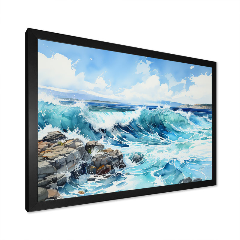 Océan bleu en mouvement, impression sur toile, Cadre simple noir, H 34 po x l 44 po x P 1,5 po