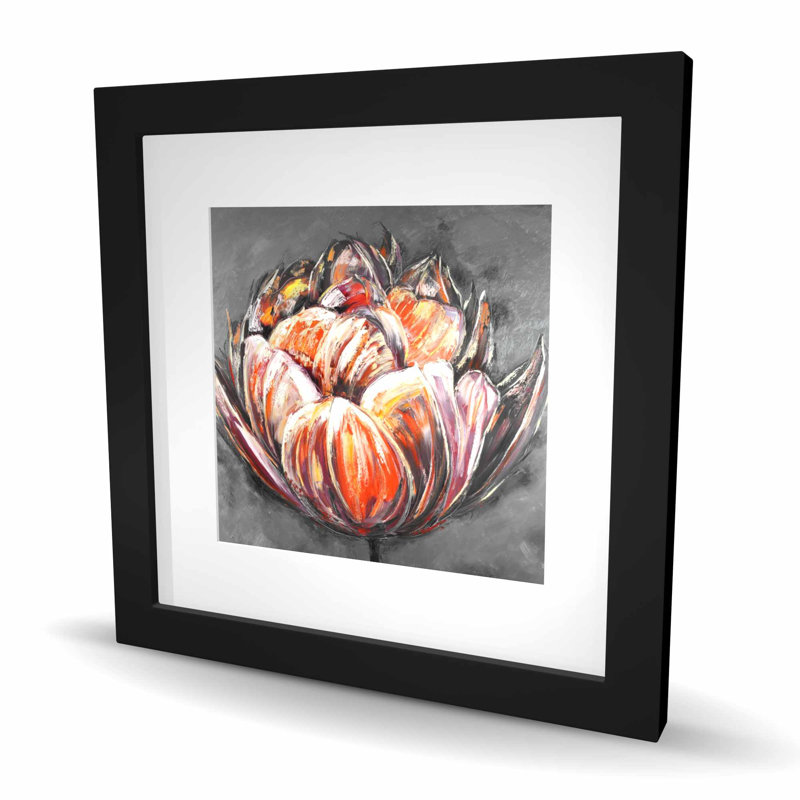 Double et abstrait tulipe orange - reproduction botanique encadrée, H 16 po x l 16 po, Noir
